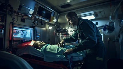 Paramedics at work in a modern ambulance provide first aid to an injured patient. - obrazy, fototapety, plakaty