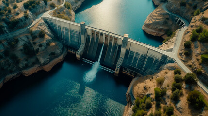 Hydroelectric dam on the river, water discharge from the reservoir. Generative AI - obrazy, fototapety, plakaty