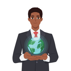 Successful businessman holds earth globe in a hand. Development and strategy concept. New business project concept. Flat vector illustration isolated on white background