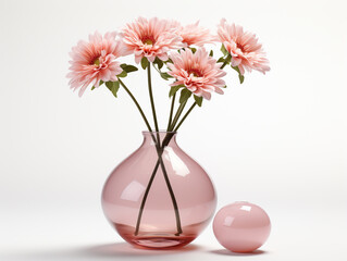 A bouquet of artificial flowers in a modern flower vase with a plain color background.