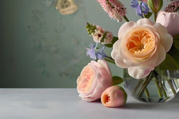 bouquet of roses A spring floral composition featuring brilliant, fresh blooms set against a gentle pastel backdrop. Idea of celebratory flowers with a writing area.