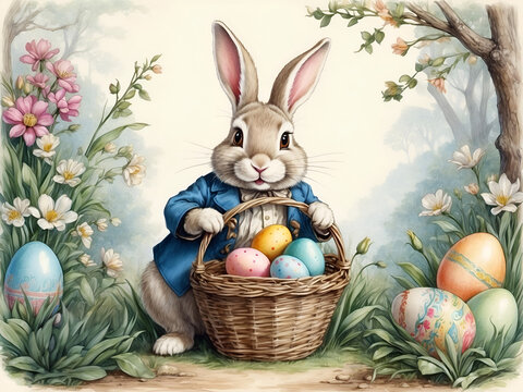 cute easter bunny with costume holding dyed eggs wicker basket in spring nature landscape vintage retro style illustration