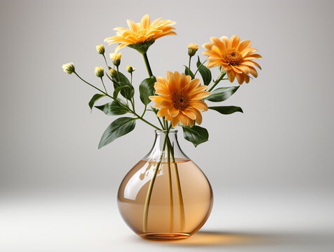 A bouquet of artificial flowers in a modern flower vase with a plain color background.