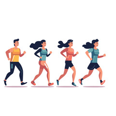 Four young adult runners, two men two women, jog together sportswear. Multicultural group enjoying healthy lifestyle. Jogging friends, fitness routine vector illustration