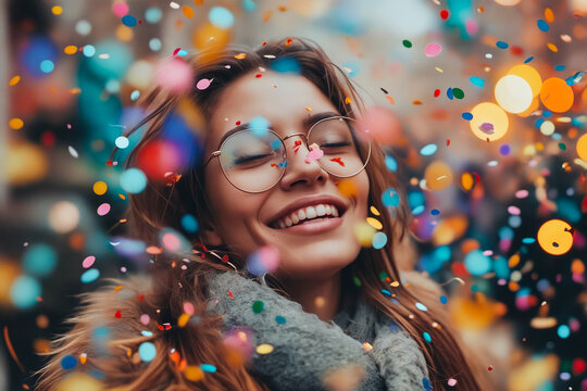Woman with glasses is smiling and surrounded by confetti.