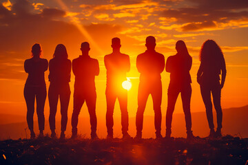 Group of people standing in line with their arms down by their sides and the sun is behind them casting orange light on them.