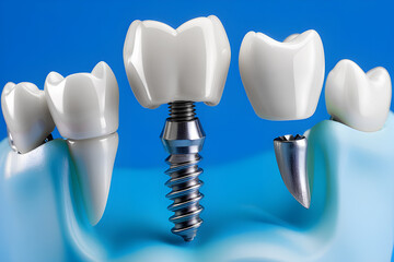imitation of a dental prosthesis of a dental bridge for three teeth with a metal screw implant on a blue background, macro. Playground AI platform