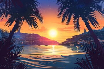 Summer illustration with a beach at sunset, silhouette of palm trees, a city in the background and a sun.