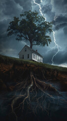 Naklejka na ściany i meble Visualize a house and a tree standing together on a hill as dark storm clouds roll in enveloping the landscape in a dramatic display