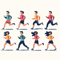 diverse runners sportswear jogging. Male female athletes running race marathon. Dynamic motion fitness routine vector illustration