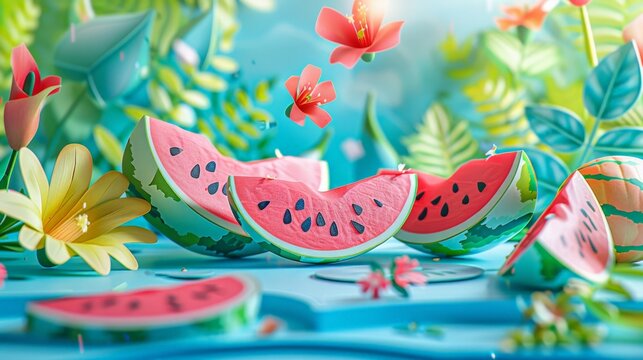 Summer paper style background with watermelon and colorful abstract figures. Original summer background.
