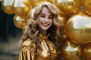 A girl of eighteen years old with golden balloons and in dress for her birthday