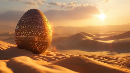 Amidst a sprawling desert landscape, a World Easter egg emerges from the shifting sands, its surface etched with intricate patterns reminiscent of ancient civilizations. - obrazy, fototapety, plakaty