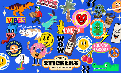 Large Mix of assorted modern cute character stickers and message labels. Vector illustration collection