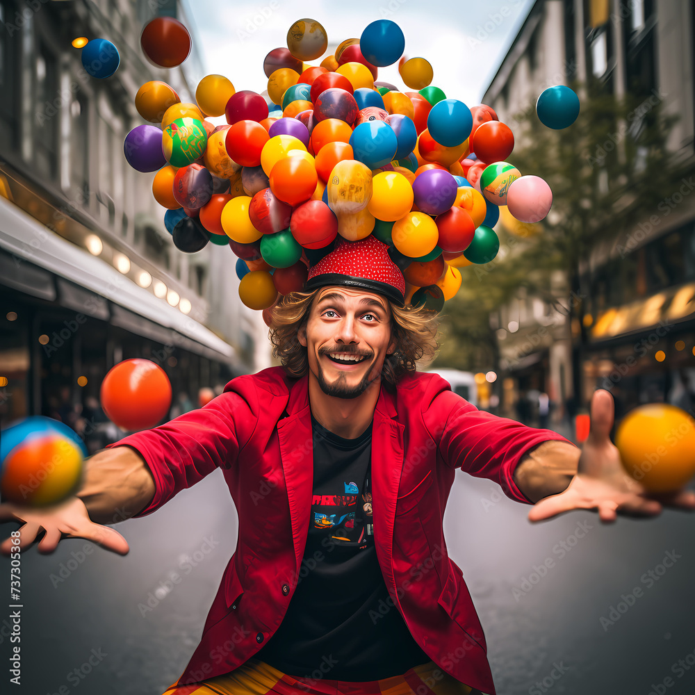 Poster A street performer juggling colorful balls.