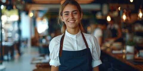 Fototapeta premium A young woman waiter is standing with a bright cheerful smile radiating warmth and hospitality