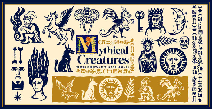 A collection of medieval linocut style engraved mythical creatures and legends. Vector illustration