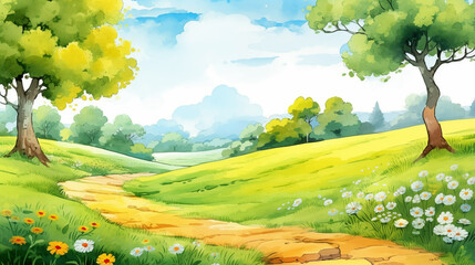 Hand drawn cartoon spring meadow path scenery watercolor illustration
