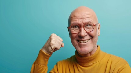 Obraz premium Portrait of strong bald senior man, a сancer survivor. Сoncept of fighting cancer, positivity, cheerfulness and faith in recovery. World cancer day, cancer survivors day