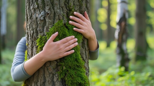 Embracing Nature. Hands of a Nature Lover Hugging a Tree Trunk Covered in Green Moss, Against a Lush Forest Background.