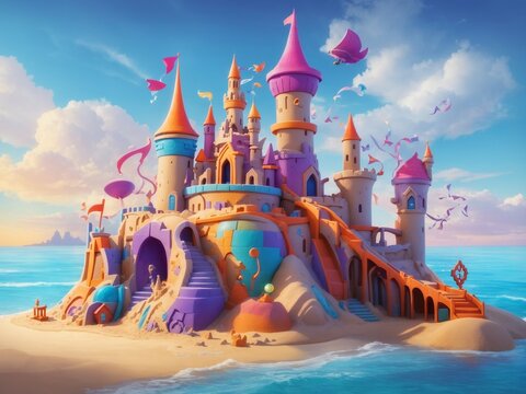 "Whimsical Sands: AI-Crafted Fantasy Structures Dance Across the Shoreline - Vibrant and Playful Sandcastle Artistry Unleashed"