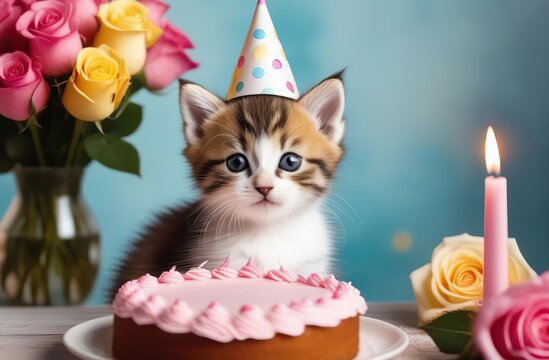 birthday cat. little kitten in party hat. birthday cake with candles. bouquets of pink and yellow roses. plain background. pink picture