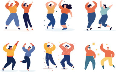 Group diverse people dancing, happy cartoon characters celebrating. Joyful dance movements festive mood vector illustration