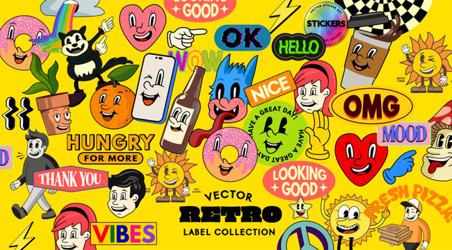 A collection of retro cartoon characters and mood stickers! Vector illustration