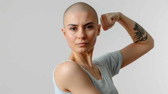 Emotional portrait of happy young bald woman, a cancer survivor.  World cancer day, support, solidarity, screening and prevention concept. Cancer survivors day, breast cancer