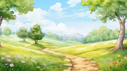Zelfklevend Fotobehang Hand drawn cartoon spring meadow path scenery watercolor illustration  © 俊后生