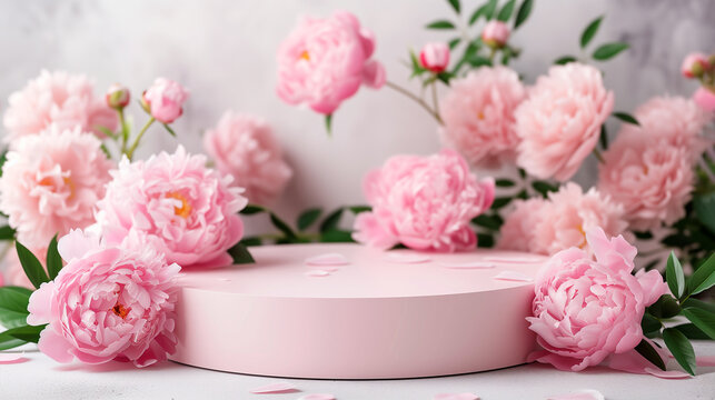 Luxury beauty podium, stage pedestal platform for cosmetic product with pink white peons on pink background. Empty round podium. Premium brand showcase mockup template. Studio stage scene display