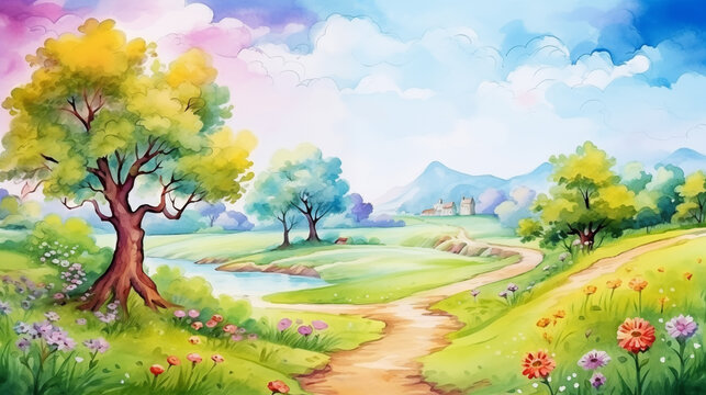 Hand drawn cartoon spring meadow path scenery watercolor illustration
