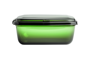 A green glass container with a black lid, designed for storing and transporting food and products. Isolated