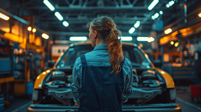 Portrait Shot of a Female Mechanic Working Under Vehicle in a Car Service. Empowering Woman