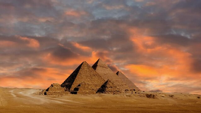 Timelapse of sunset at Pyramid complex of Giza, in Cairo, Egypt.
