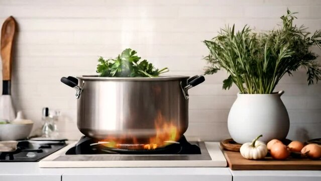 stainless steel kitchen stove in the kitchen. cooking vegetables. seamless looping time-lapse virtual 4K video animation background
