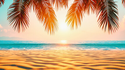 Fototapeta na wymiar Tropical Sunset Paradise: A Silhouetted Palm Tree Against a Colorful Seascape, Symbolizing Serenity