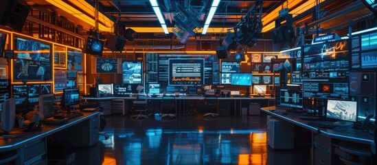 Fototapeta premium Futuristic modern TV studio with neon lights of multiple screens. AI generated image