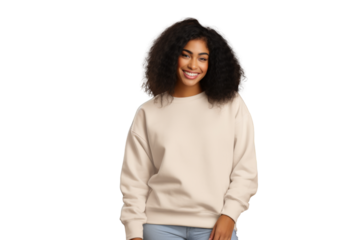 Portrait of a smiling young woman in a white sweater on a black background