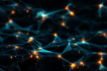 Obraz premium Digital visualization of an abstract neural network with interconnected lines and luminous nodes, representing complex data connections or artificial intelligence..