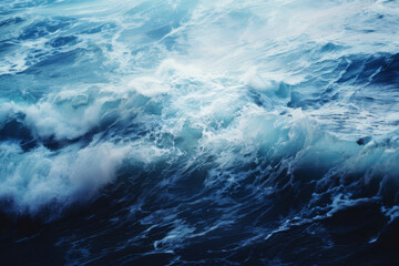 Fototapeta premium An artistic painting capturing the dynamic movement of ocean waves, rendered in vivid blue tones with frothy white crests, against a serene sky..