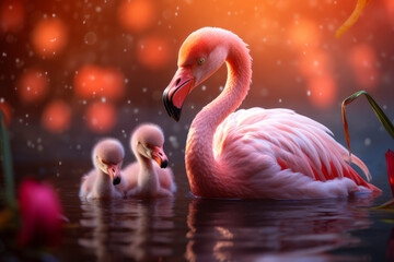 Fototapeta premium An enchanting scene capturing a mother flamingo with her fluffy chicks during the golden hour, their soft pink plumage glowing against the warm light..