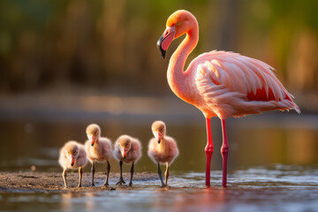 An enchanting scene capturing a mother flamingo with her fluffy chicks during the golden hour, their soft pink plumage glowing against the warm light.. - obrazy, fototapety, plakaty