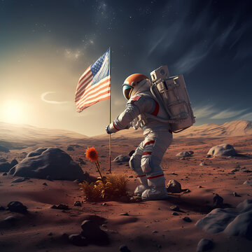 Astronaut planting a flag on an alien planet.