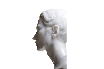 White marble sculpture head of young woman. Statue of sensual renaissance art era naked woman in circlet antique style isolated on black background - obrazy, fototapety, plakaty