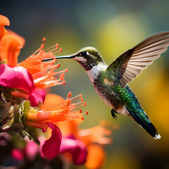 Close-up of a hummingbird feeding on a flower. 