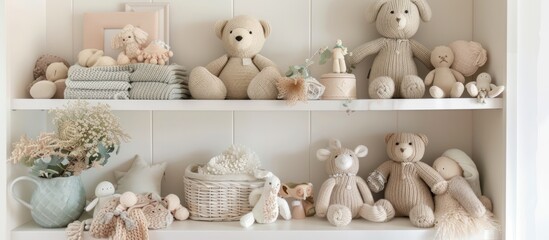 Naklejka na ściany i meble Clean nursery shelf adorned with knitwear and plush toys in color palette. AI generated image