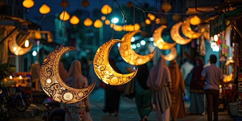 Crescent-lit Commute - Envision the joyous scenes of people commuting during Ramadan nights, sharing greetings and smiles beneath the soft glow of crescent lanterns