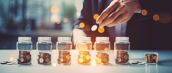 Financial concept of businessman putting coins into jar, investment savings, future planning savings, retirement funds, future risk management, financial accounting, money growth