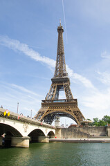Fototapeta na wymiar Paris, France, 30 may 2023. Travel in summer on a river boat along the Seine River in the center of city and see the sights, buildings and bridges